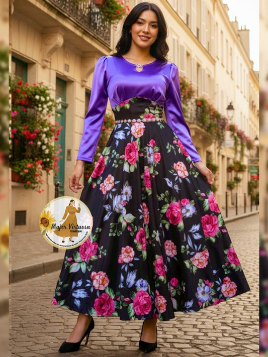 Heidi Violet/Black Satin Dress
