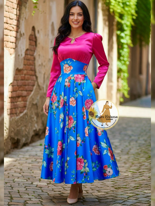 Heidi Fucsia/Blue Satin Dress