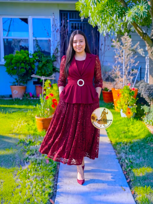 Mayra Burgundy Crepe & Lace Dress