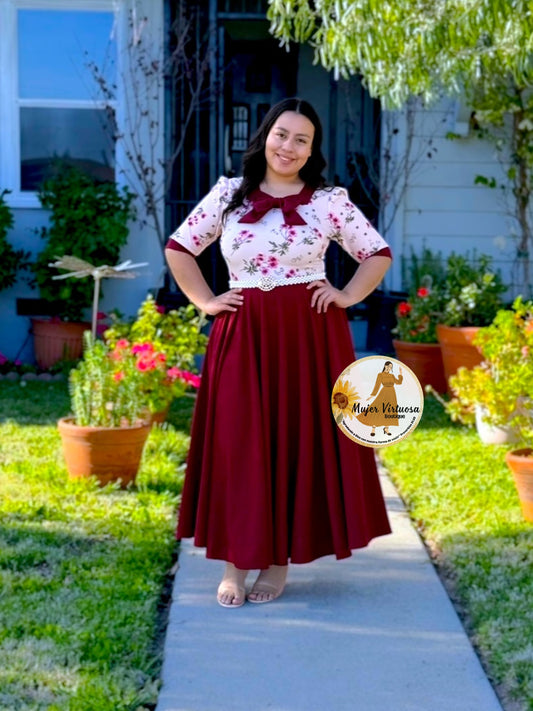 Madelyn Pink Floral & Burgundy Dress