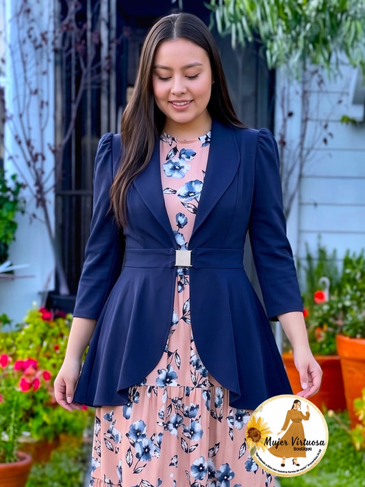 Navy Peplum Long Blazer