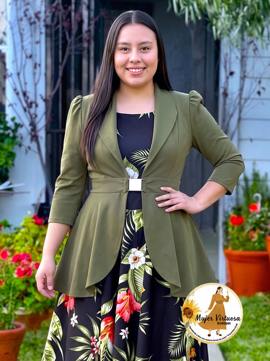 Olive Peplum Long Blazer