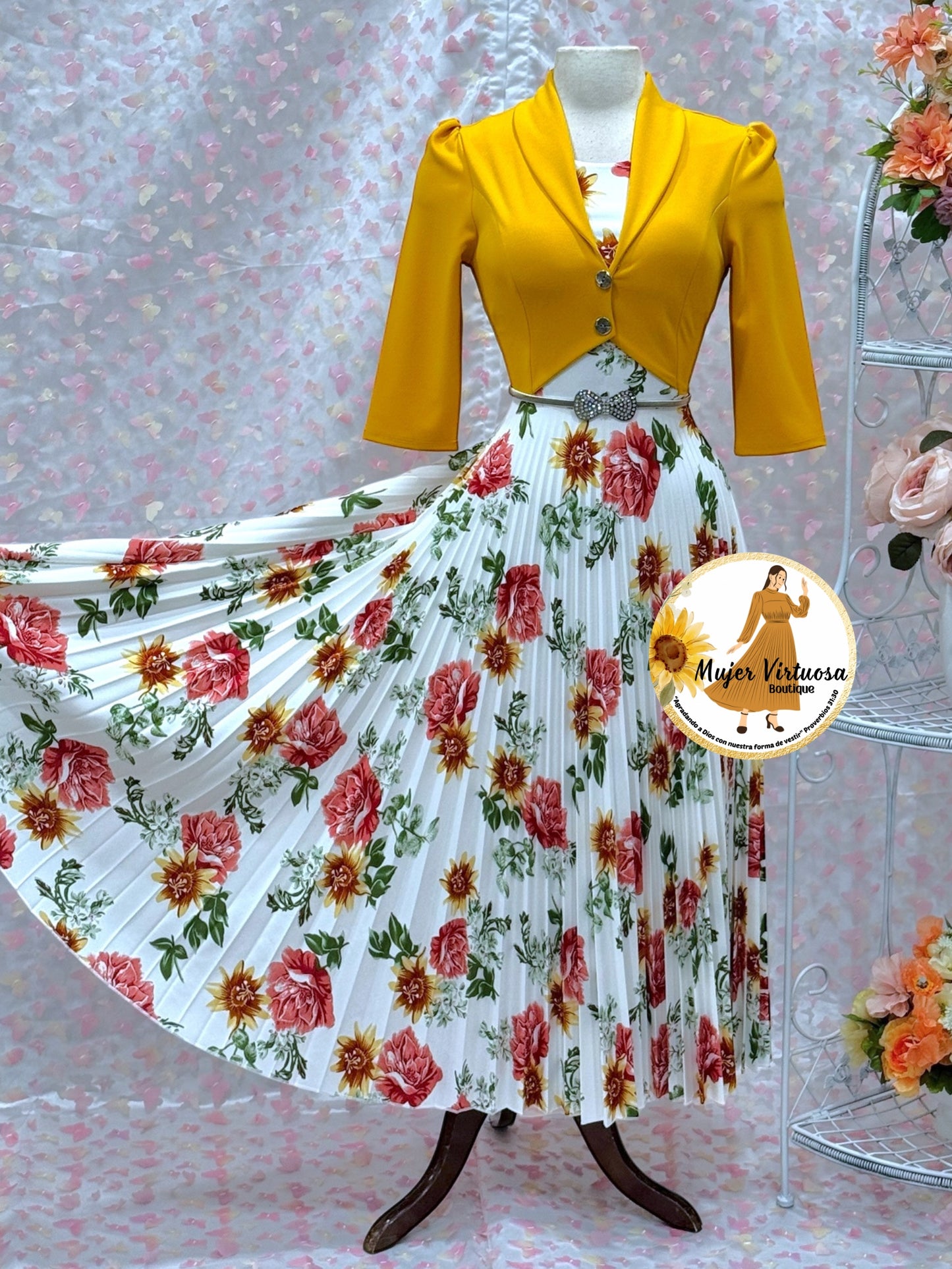Milena Mustard/White Pleated Dress