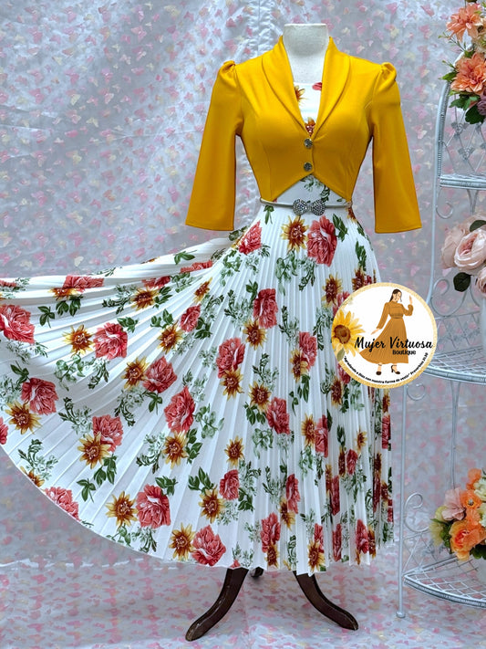 Milena Mustard/White Pleated Dress
