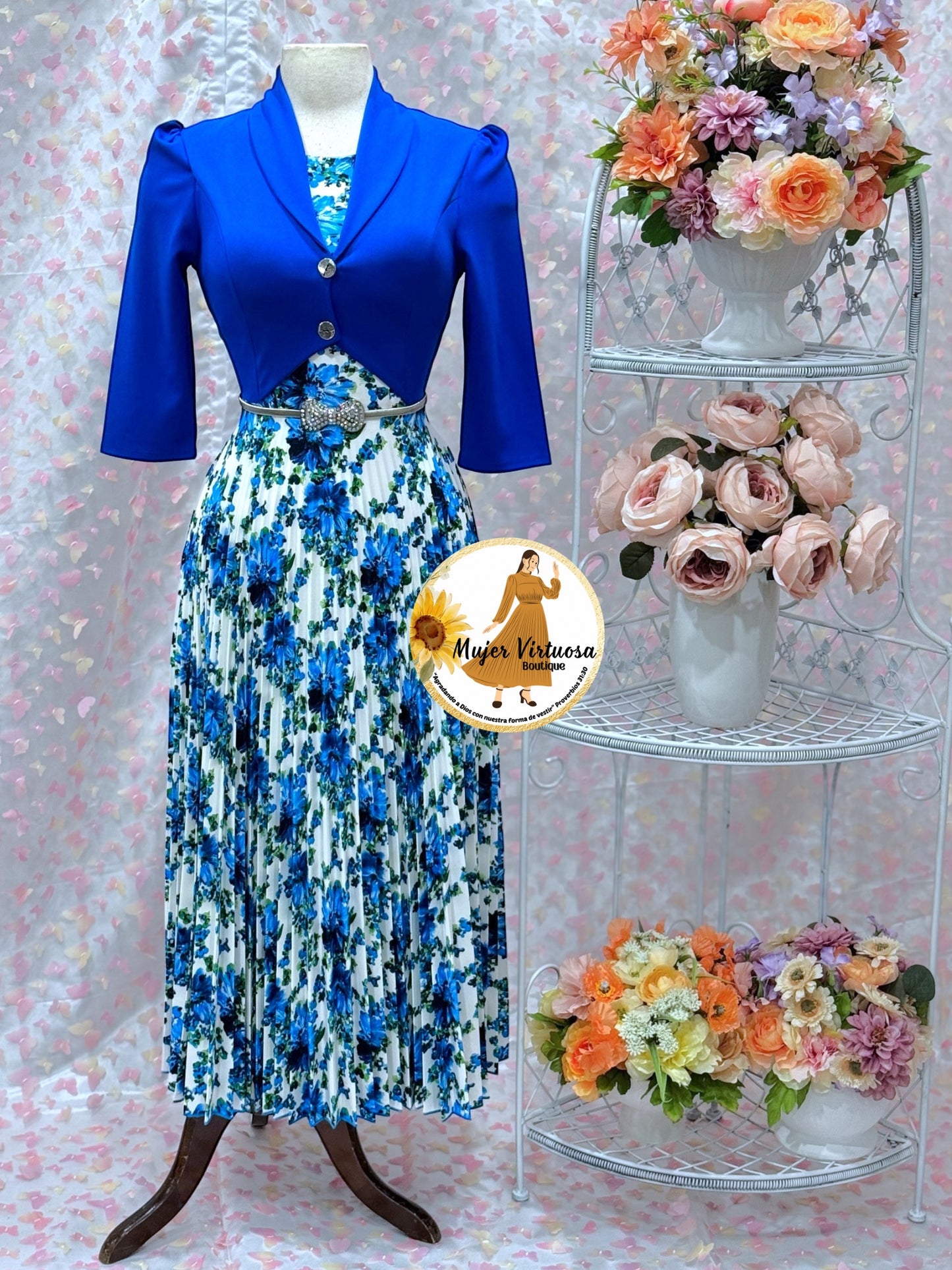 Milena Royal/White Pleated Dress