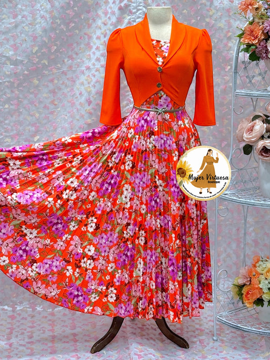 Milena All Orange Pleated Dress