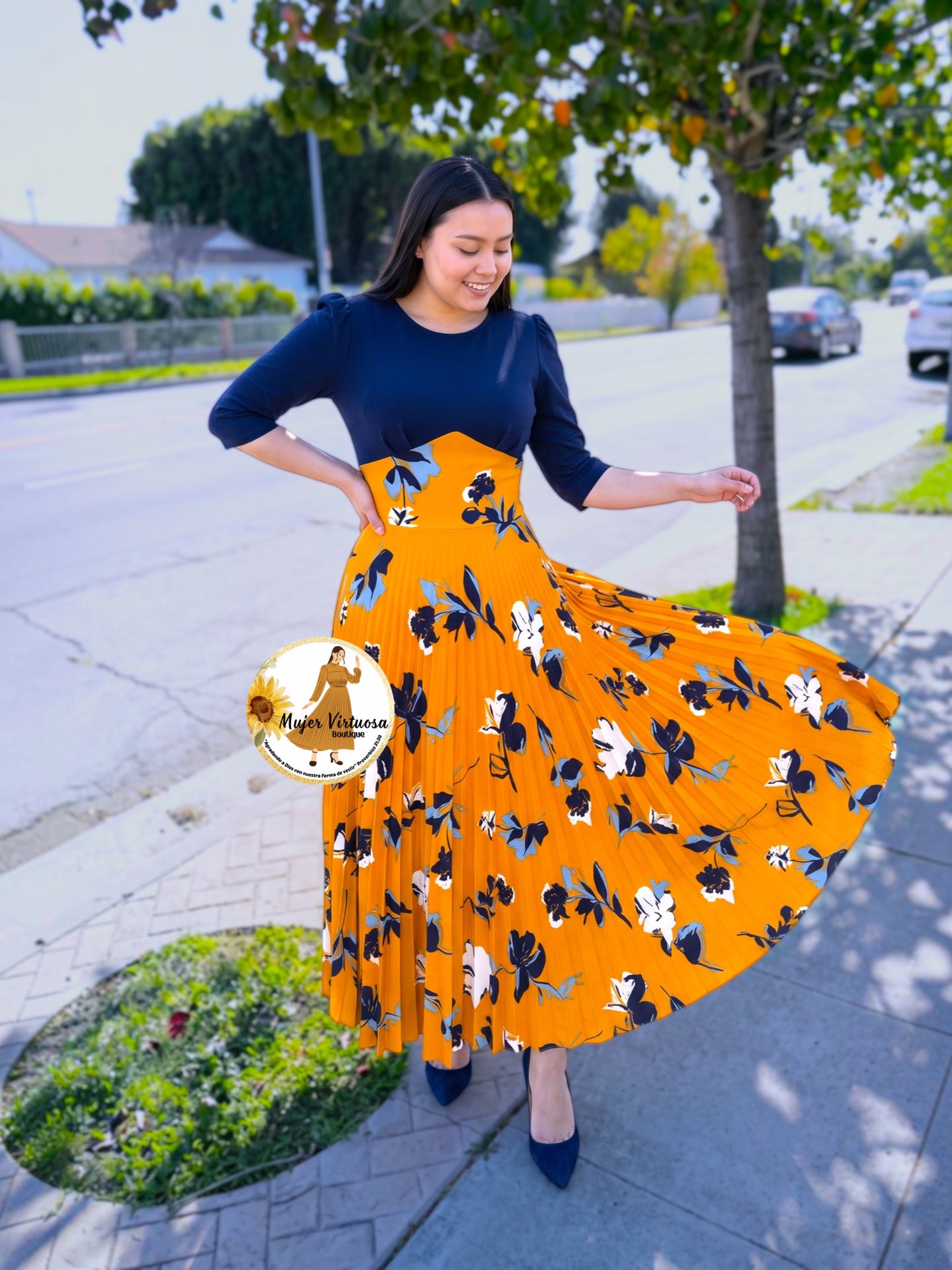Cristel Navy & Mustard Floral Dress