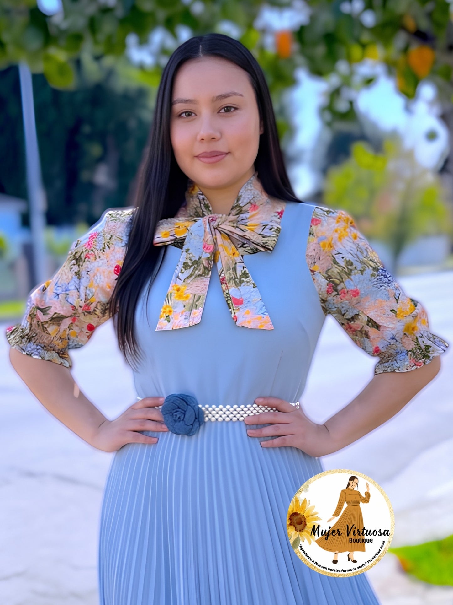 Tan Floral Top with Bow