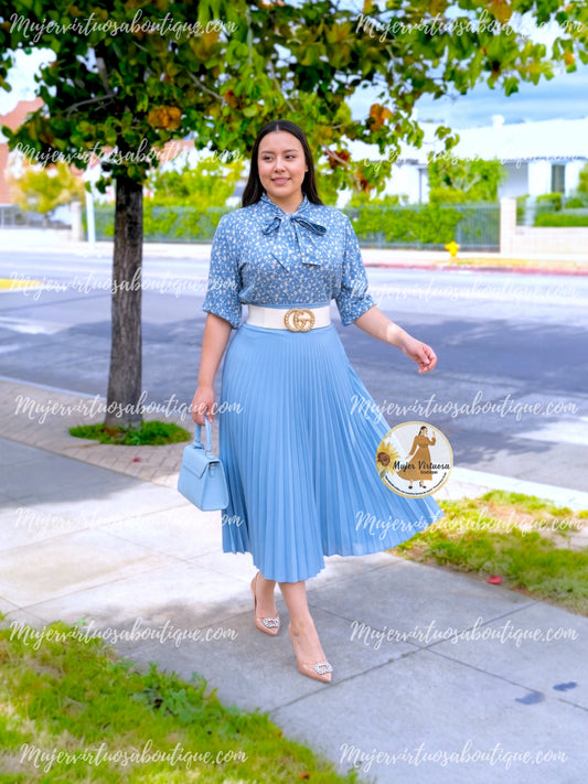 Sky Blue Midi Pleated Skirt