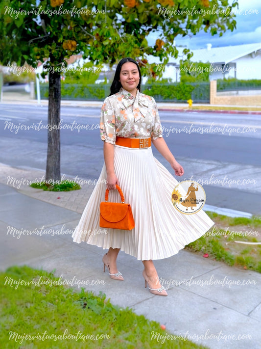 Beige Midi Pleated Skirt