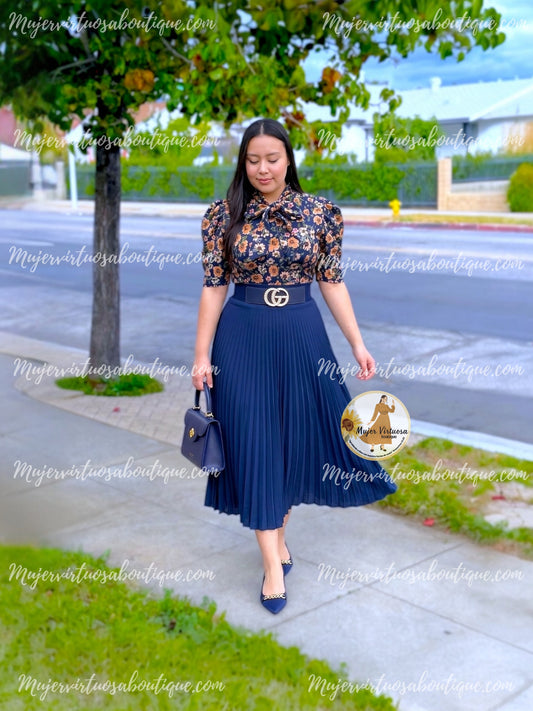 Navy Midi Pleated Skirt