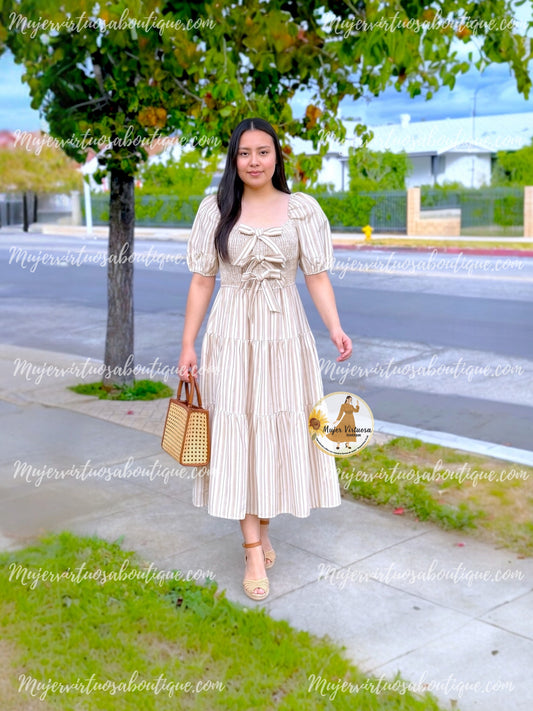 White & Mocha Striped Midi Dress