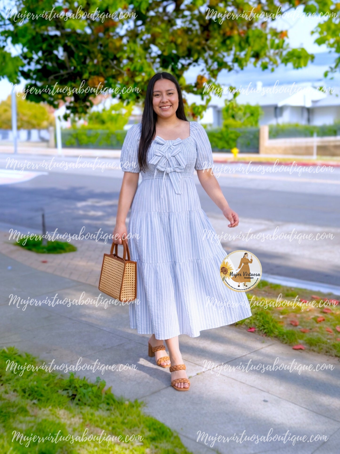 White & Blue Striped Midi Dress