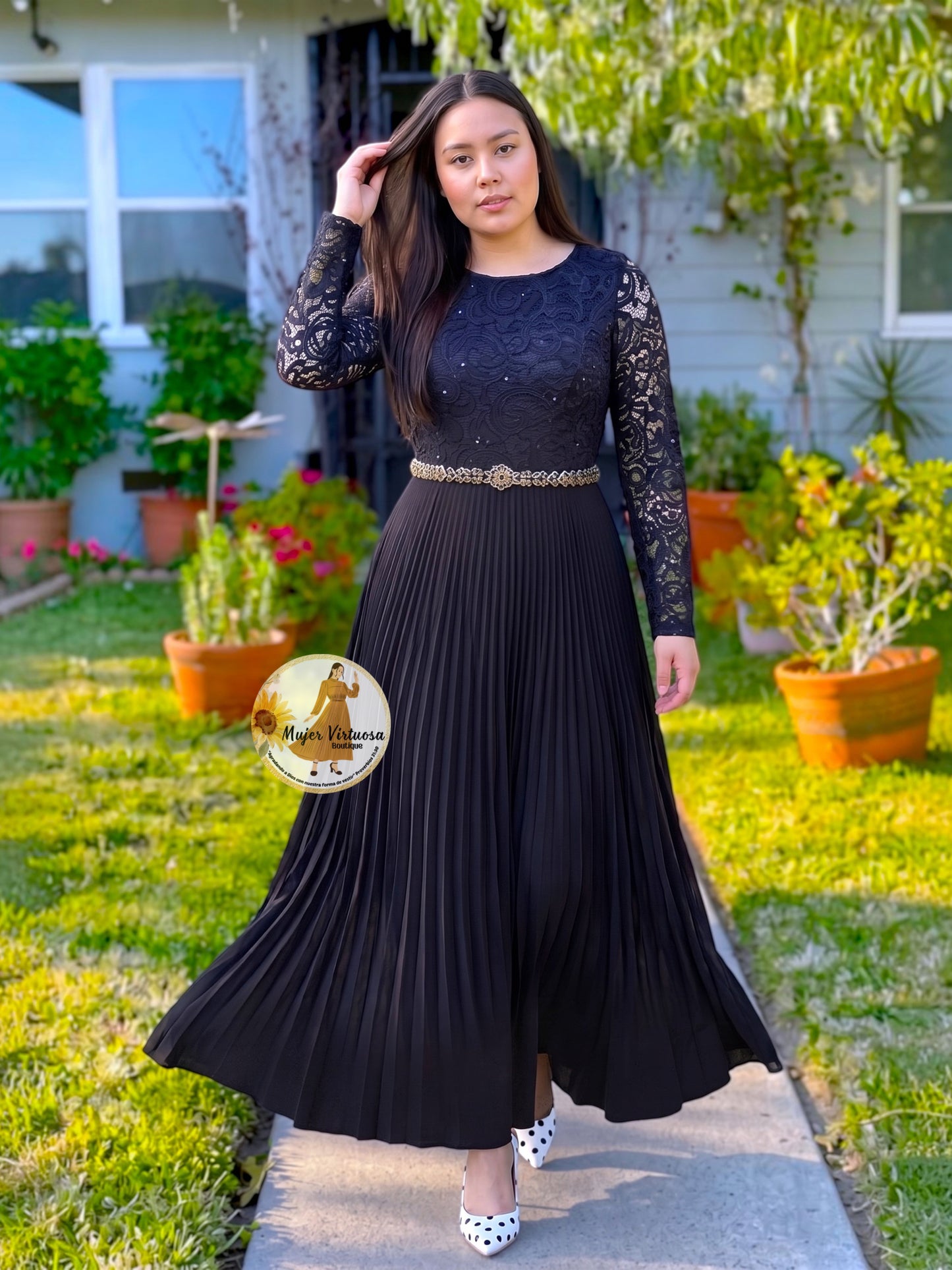 Alida Black Pleated Lace Dress