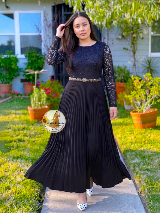 Alida Black Pleated Lace Dress