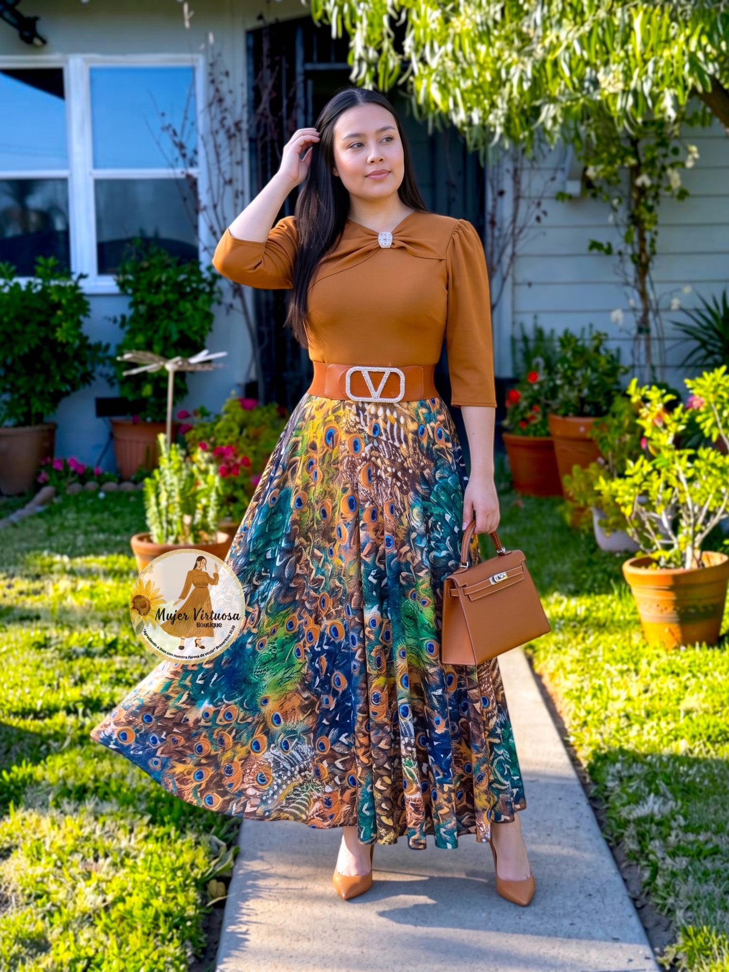 Rosalie Caramel Peacock Print Dress