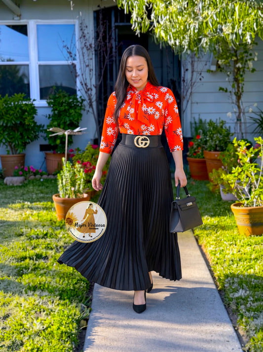 Black Satin Pleated Skirt