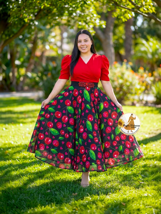 Susan Red & Black Cherries Mesh Dress
