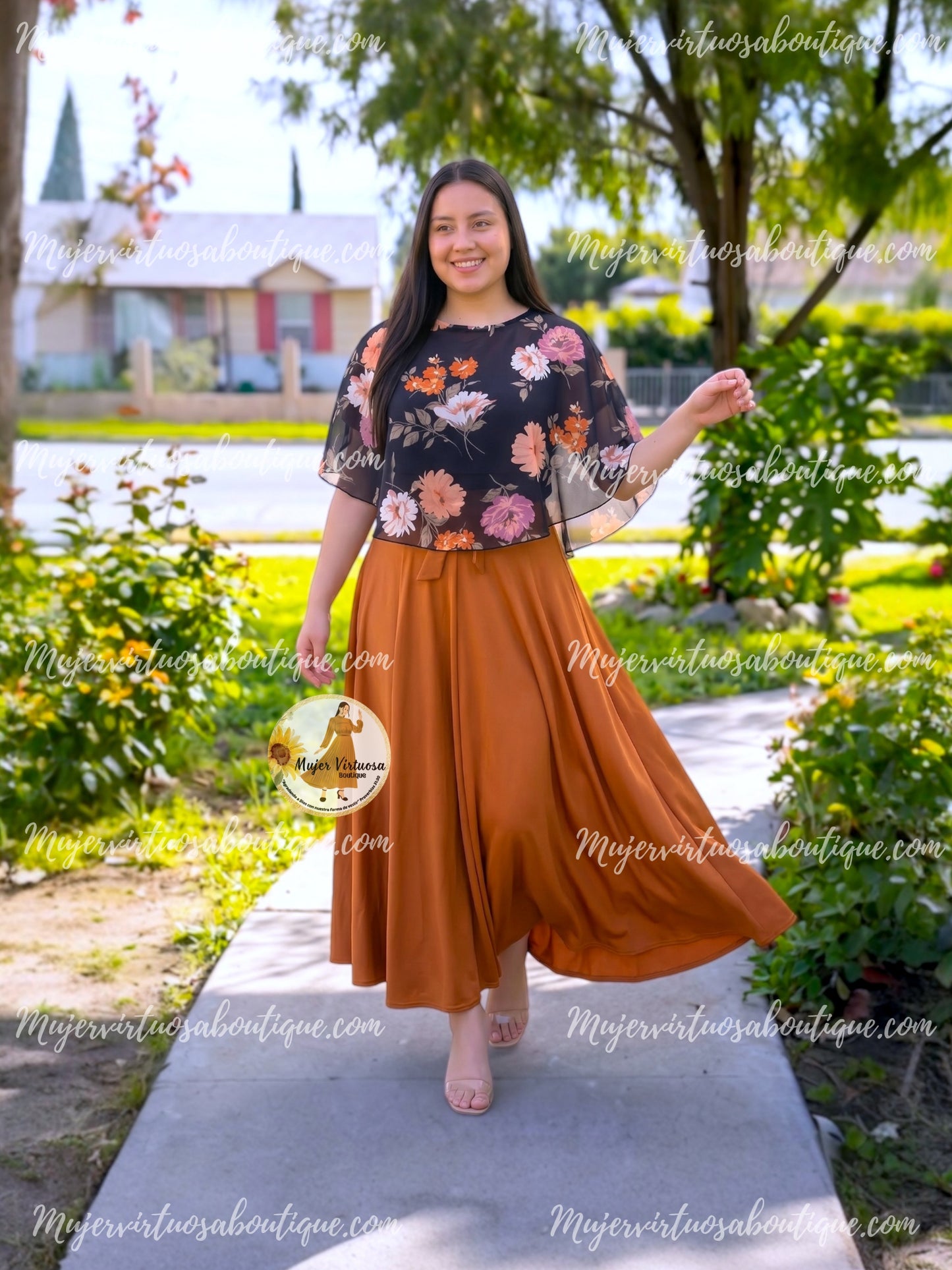 Maribel Black & Cognac Cape Dress