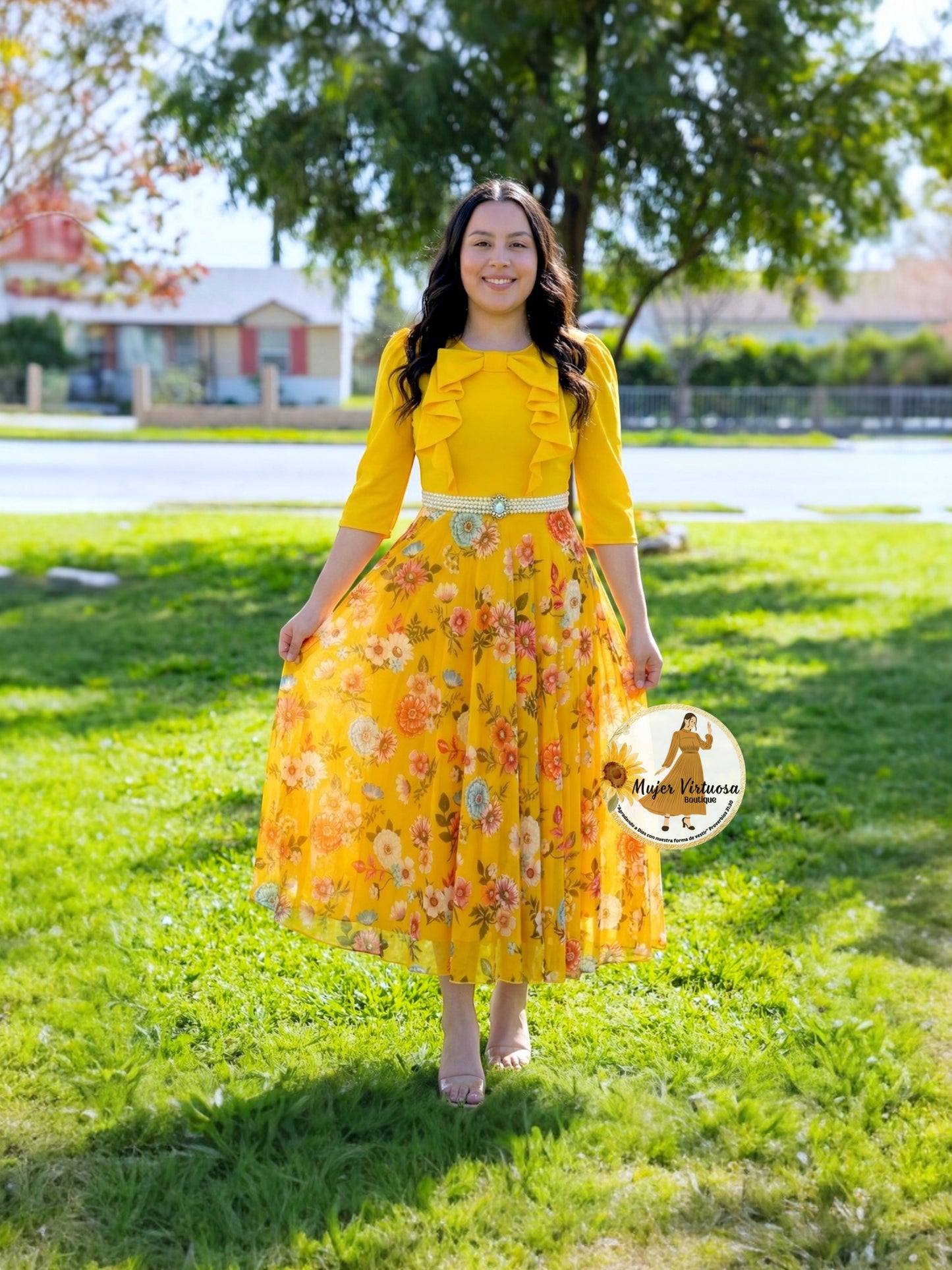 Alexa Yellow Mesh Bow Dress