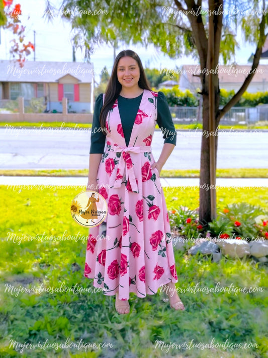 Pink & Green Roses Dress