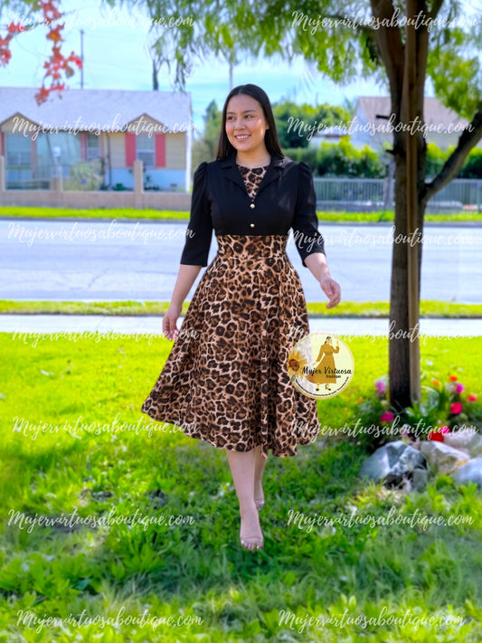 Black & Animal Print Midi Dress