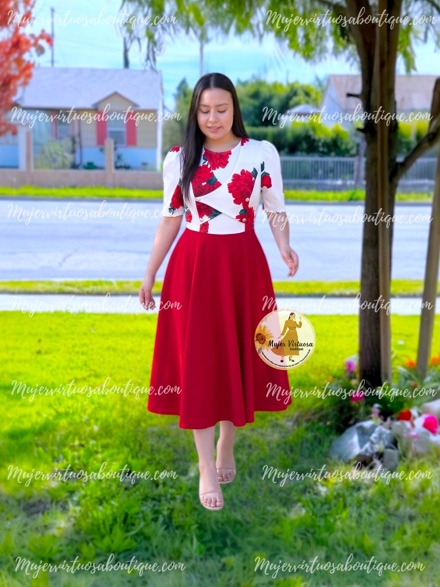 White & Red Floral Midi Dress