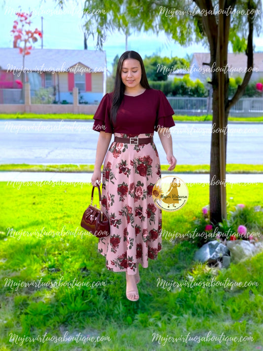 Olivia Wine & Mauve Floral Dress