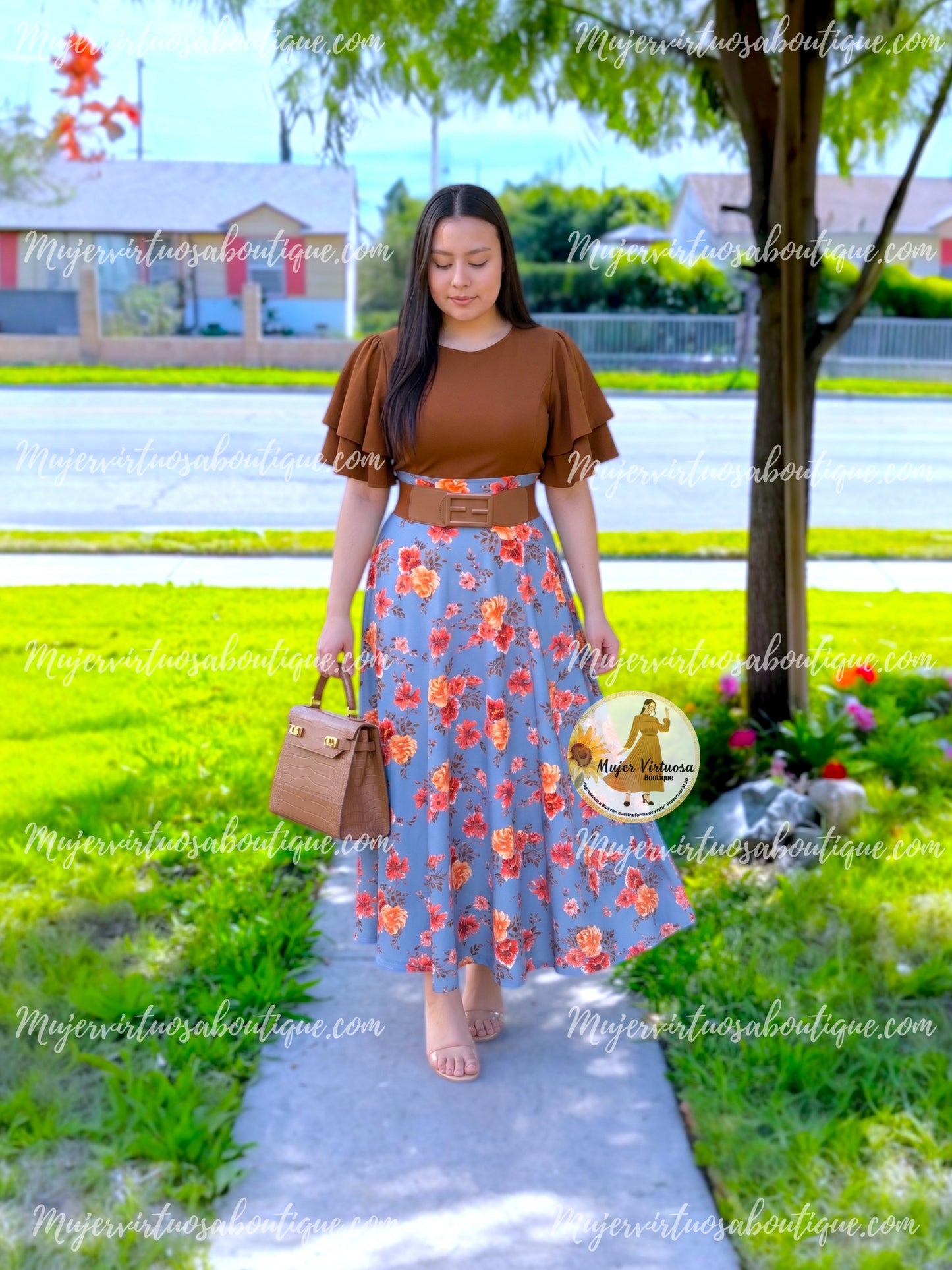 Olivia Brown & Blue Floral Dress