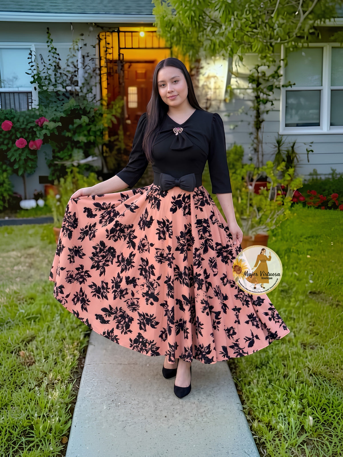 Berenice Black & Pink Velvet Print Dress