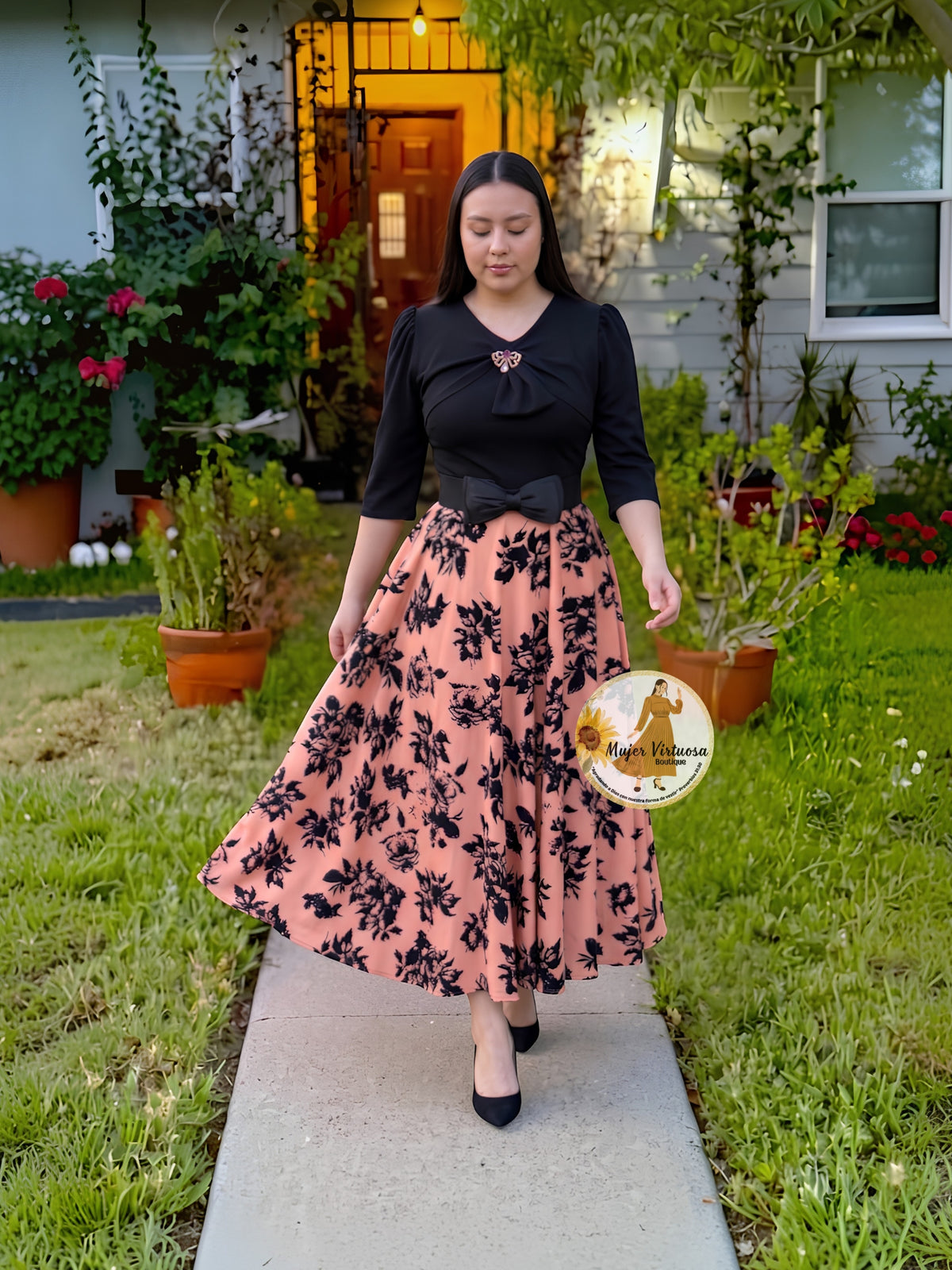 Berenice Black & Pink Velvet Print Dress
