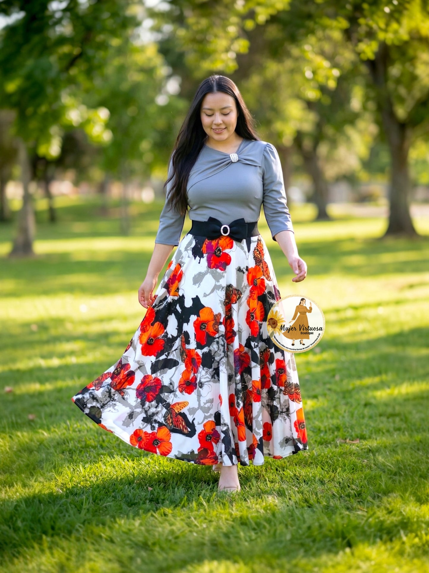 Rosalie Grey & White Floral Dress