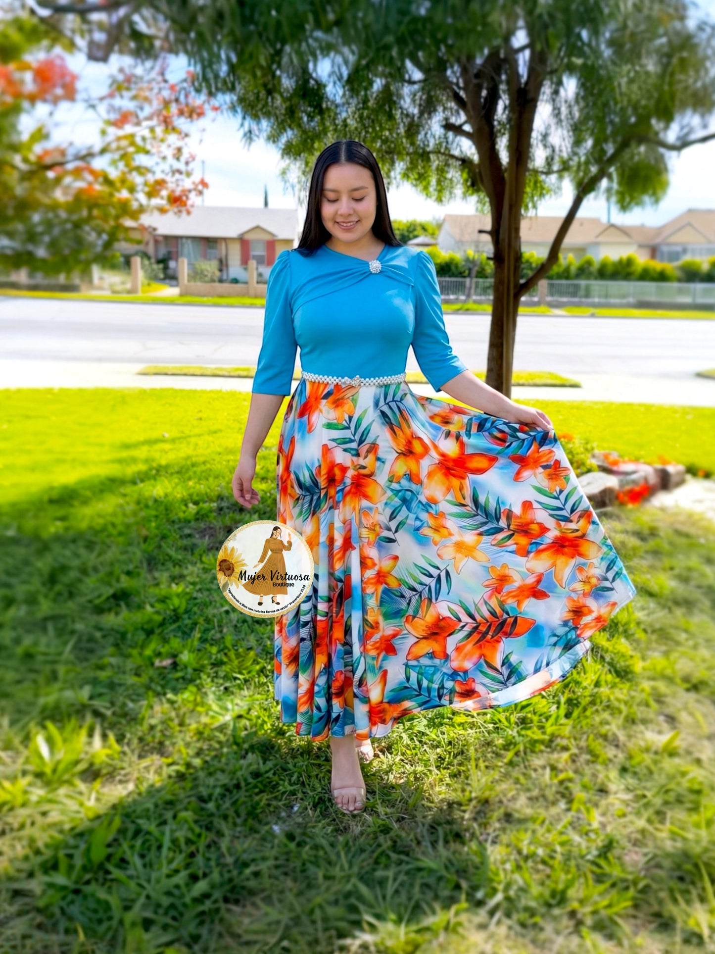 Rosalie Aqua & Orange Floral Dress