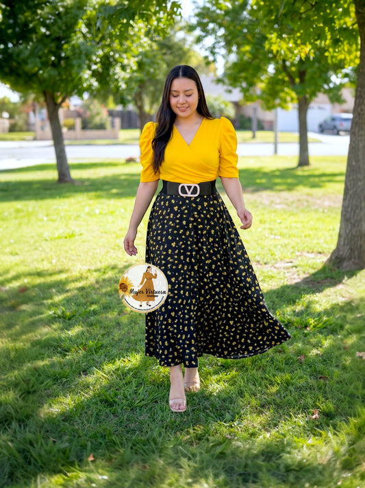 Susan Yellow & Black Ditsy Dress