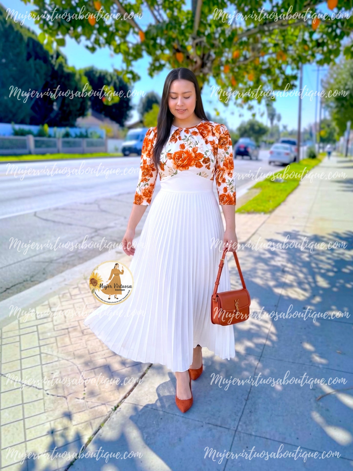 Floral & White Pleated Maxi Dress