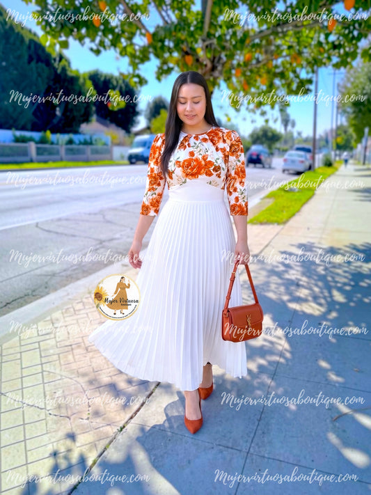 Floral & White Pleated Maxi Dress