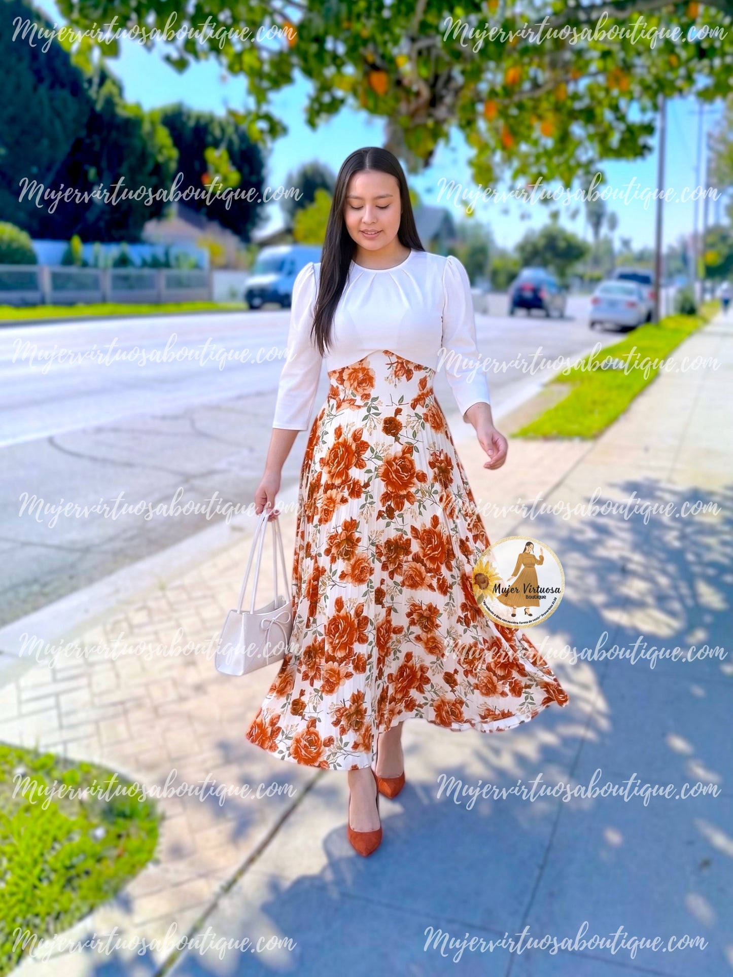 White & Floral Pleated Maxi Dress