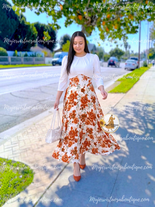 White & Floral Pleated Maxi Dress