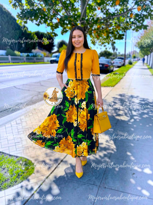 Eleanore Mustard & Black Mesh Dress
