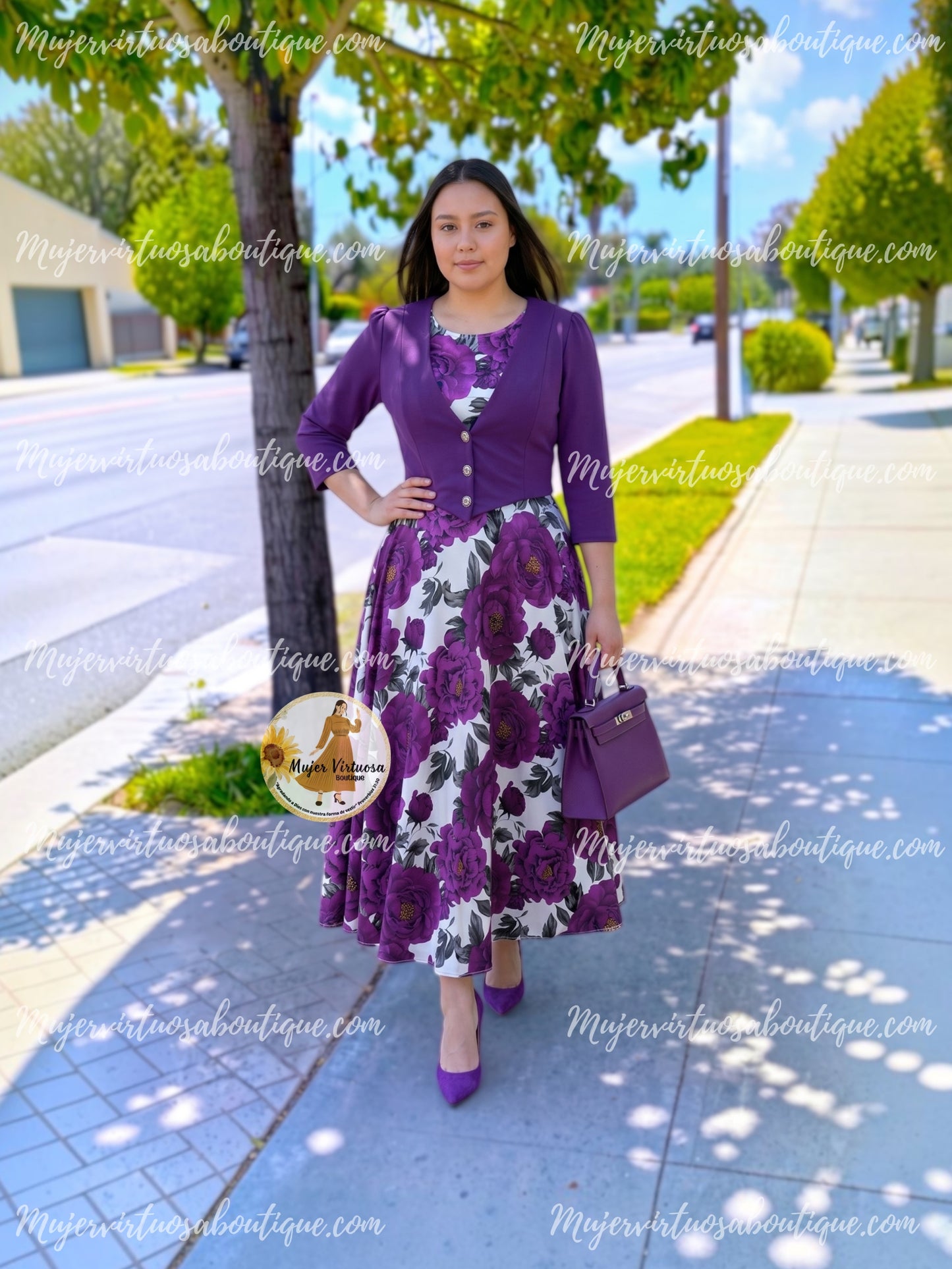 Irene Violet & White Satin Dress