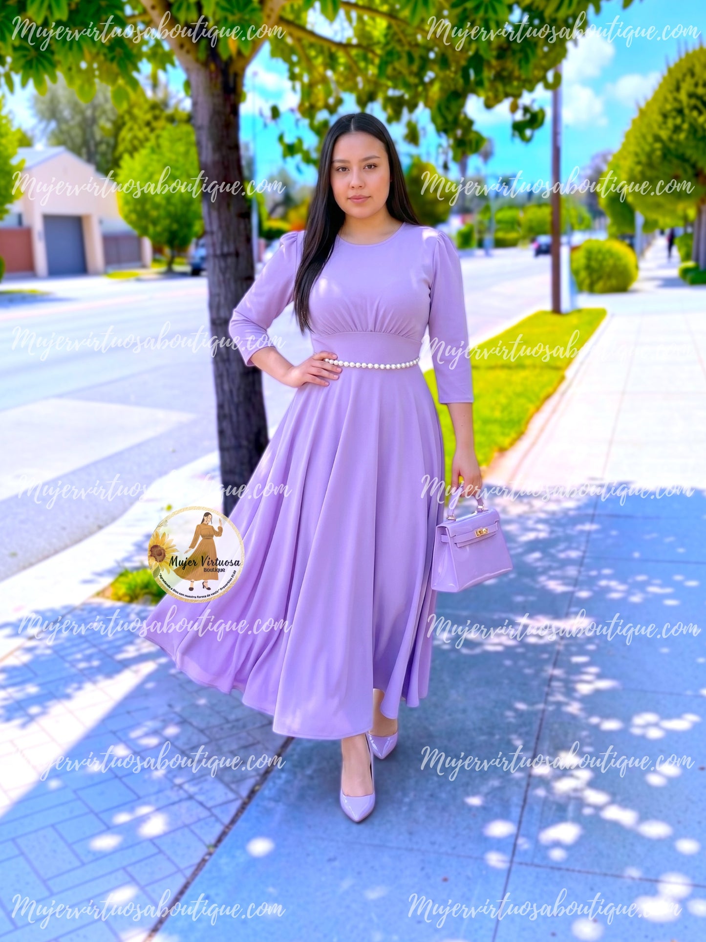 Amy Lilac Pearl Belted Dress