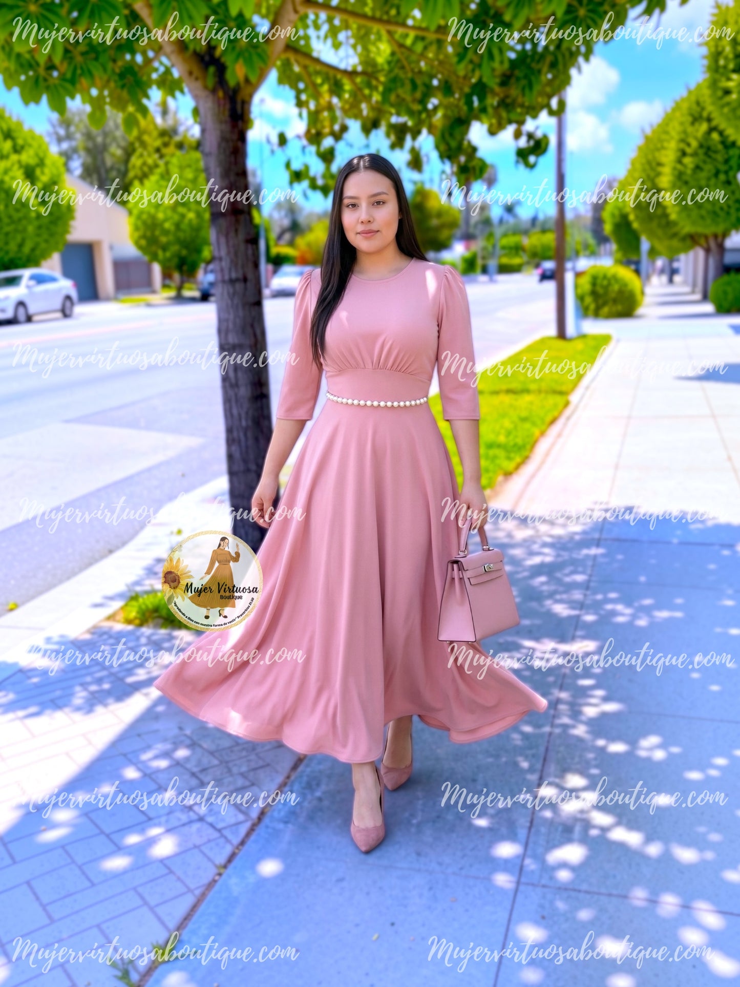 Amy Pink Pearl Belted Dress