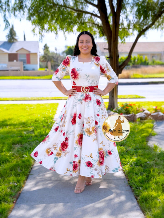 Eunice White & Red Floral Dress