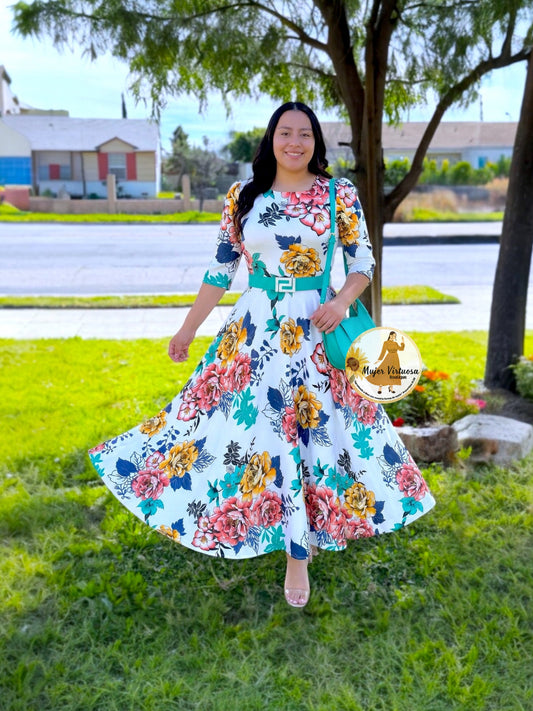 Eunice White & Colorful Roses Dress