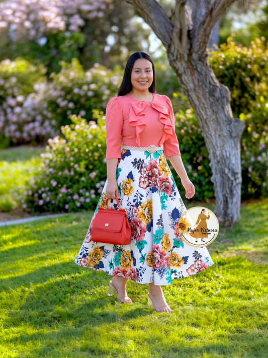 Alexa Coral & White Floral Dress
