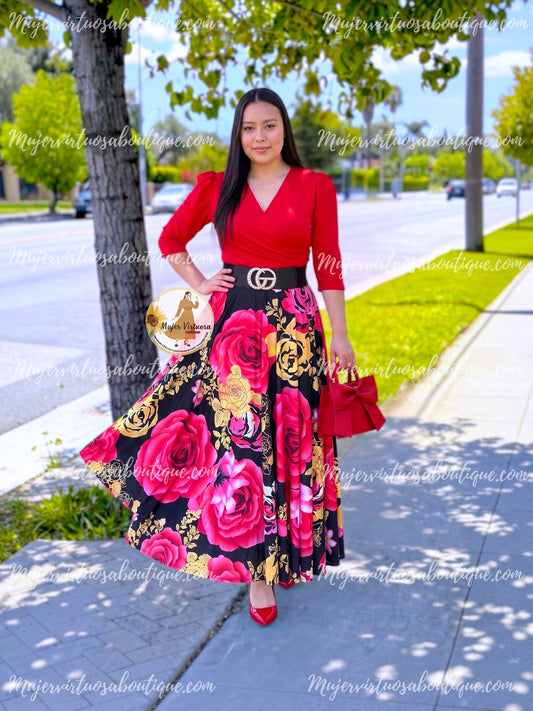 Edna Red & Black Roses Dress