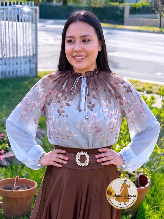 Elegant Grey & Brown Blouse