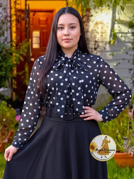 Black Polka Dot Bow Top