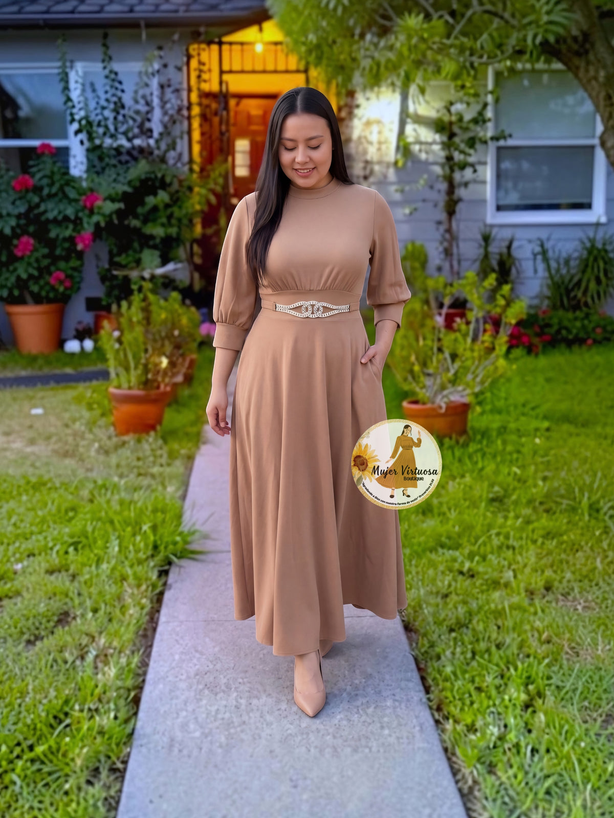 Katalina Mocha Brooch Dress