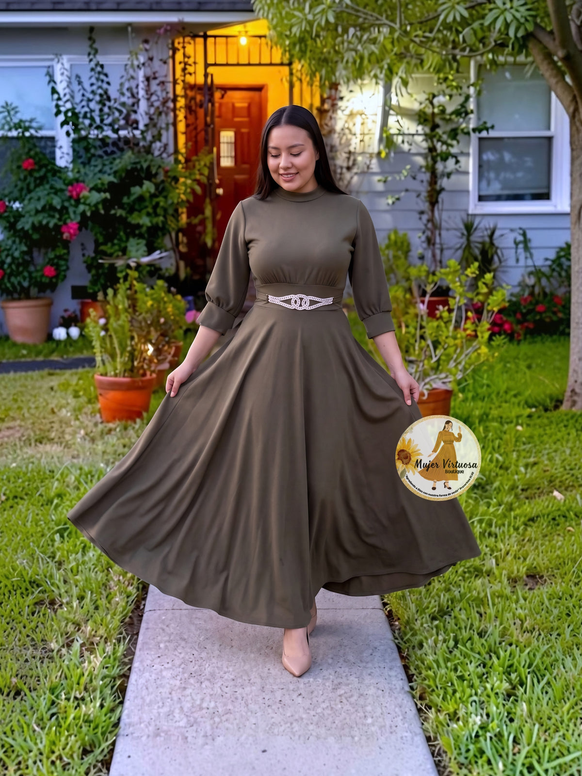 Katalina Olive Brooch Dress